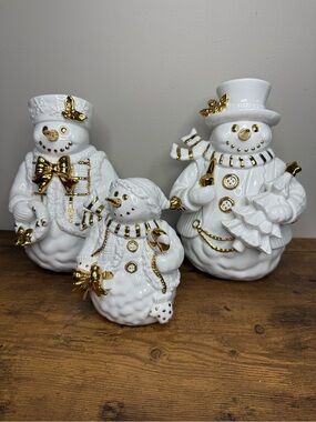 Vintage Traditions White & Gold 3 Piece Snowman Porcelain Holiday Figurine Set